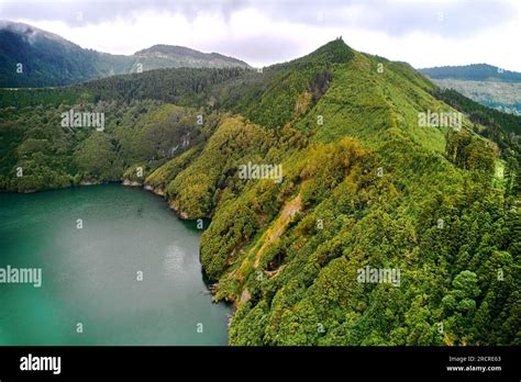 Aerial shot picturesque paradise of Sete Cidades in Azores, Sao Miguel. Volcanic craters and ...