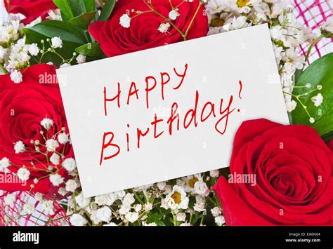 Roses bouquet and card Happy Birthday Stock Photo: 75136380 - Alamy