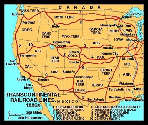 Transcontinental Railroad Lines Map of the United States