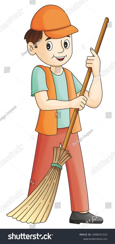 Cartoon Street Cleaner Sweeper Sweeping Out Stock Illustration ...