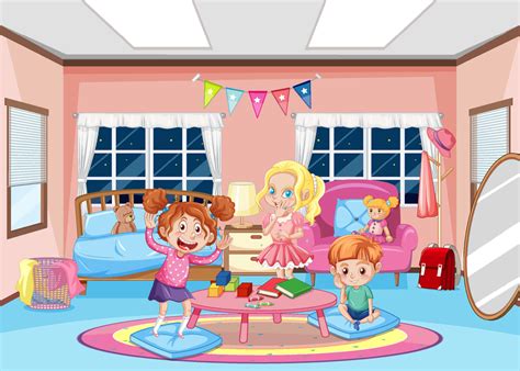 Girl bedroom interior with happy children cartoon character 5186794 ...