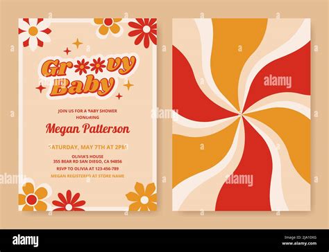 Colorful baby shower invitation card template. Groovy baby flyer in floral retro 70s style ...