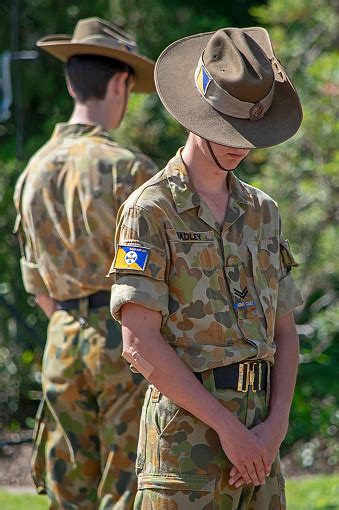 Anzac Day Parade Young Australian Army Cadets In Uniform Heads Bowed In Respect Stock Photo ...