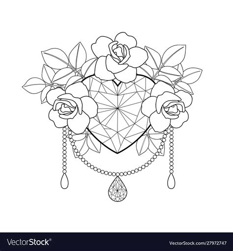 Heart and roses outline coloring pattern Vector Image