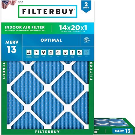 Filterbuy 14x20x1 Air Filter MERV 13 Optimal Defense (2-Pack), Pleated HVAC AC Furnace Air ...