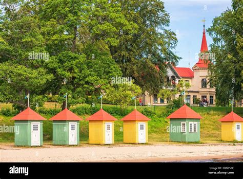 Hjo city with the famous beach huts in Sweden Stock Photo - Alamy