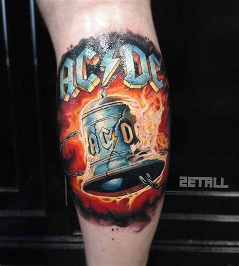 AC/DC's Hell Bells inspired tattoo on the right calf.