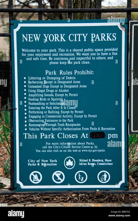 A generic New York City Parks notice board laying out the park rules ...