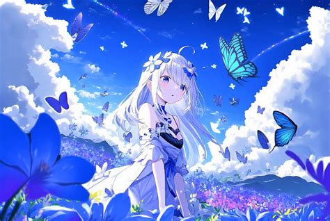 Girl, flowers, anime, butterflies, blue, HD wallpaper | Peakpx