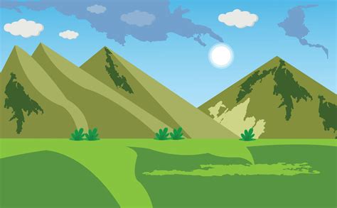 paisaje de montaña de dibujos animados con cielo azul, sol y nubes, campo verde. vector de ...