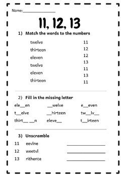 Number Words 11, 12, 13 (eleven, twelve and thirteen) Spelling Worksheet