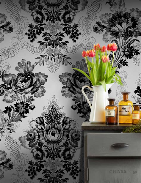 Black & White Vintage Damask Wallpaper - Feathr Wallpapers