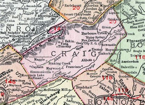 Craig County, Virginia, Map, 1911, Rand McNally, New Castle, Huffman, Simmonsville, Craig City ...