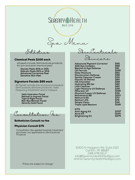 Menu – Serenity Health Med Spa – Canton, MI