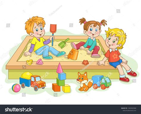 Children Play Sandbox Lots Toys Around: vector de stock (libre de ...