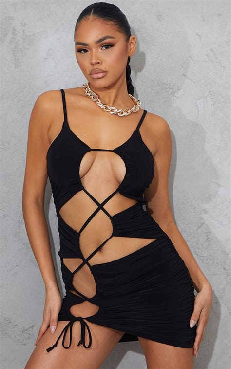 Black Slinky Cut Out Ruched Bodycon Dress | PrettyLittleThing USA