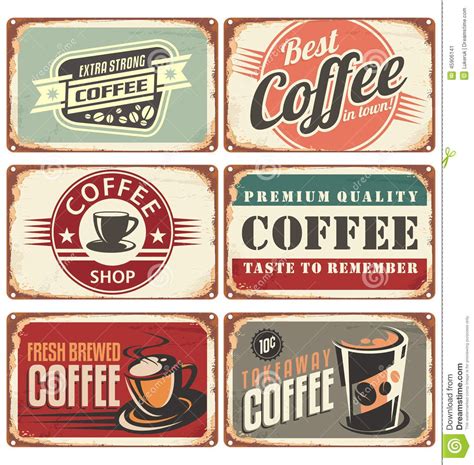 Illustration about Set of vintage coffee tin signs. Retro coffee shop ...