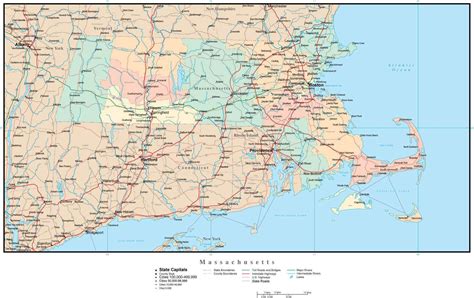 Massachusetts Adobe Illustrator Map with Counties, Cities, County Seats, Major Roads