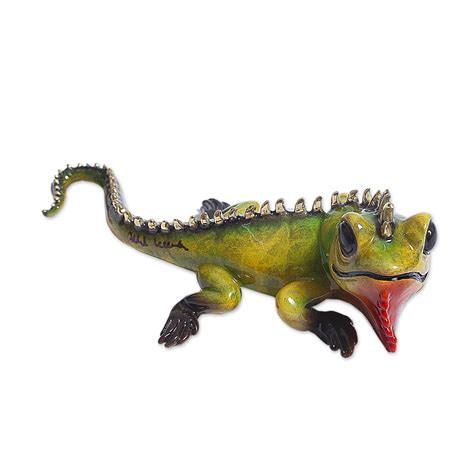 Hand Cast and Painted Bronze Iguana Figurine - Little Iguana | NOVICA