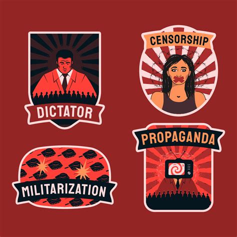 Red and black stickers, symbols of dictatorship, censorship, propaganda and militarization of ...