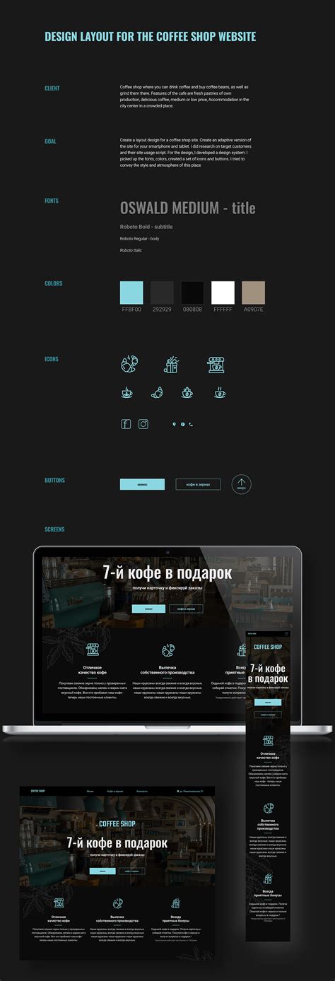 Design layout for the coffee shop website on Behance