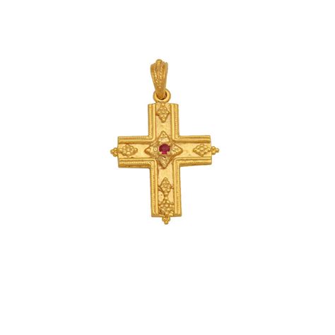 Byzantine cross necklace with ruby-14K solid gold - goldcrosses.