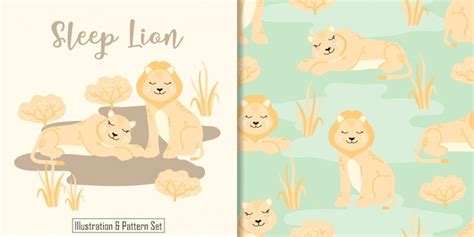 Premium Vector | Cute sleep lion card hand drawn seamless pattern set