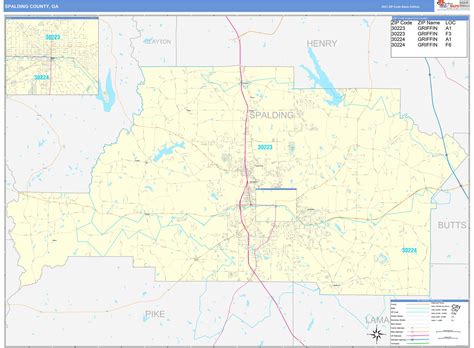 Spalding County, GA Zip Code Wall Map Basic Style by MarketMAPS - MapSales