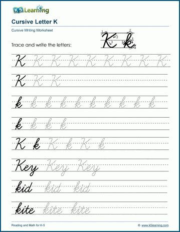 Cursive writing: Letter K worksheets | K5 Learning