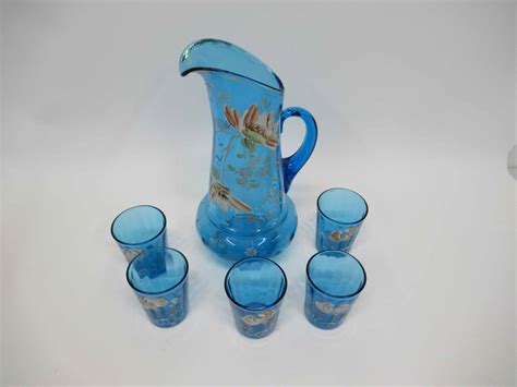 Lot Detail - Blue Glass Lemonade Pitcher Set