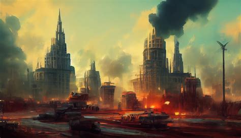 Premium AI Image | War near the futuristic City Digital Art Illustration Painting