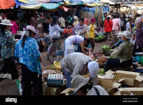 Cambodian women are shopping for food at a street food market in Kratie ...