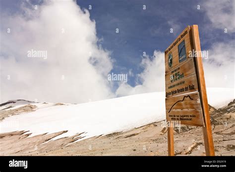 Glacier Volcano Nevado del Ruiz signboard. Due to climate change, the ...