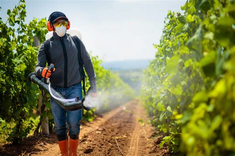 Agriculture worker. Young farmer spraying pesticides.