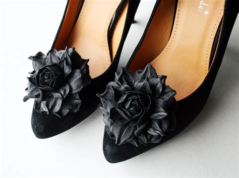 Black Leather Flower Shoe Clips