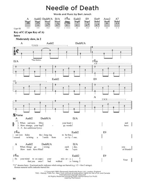 Needle Of Death by Bert Jansch - Guitar Lead Sheet - Guitar Instructor