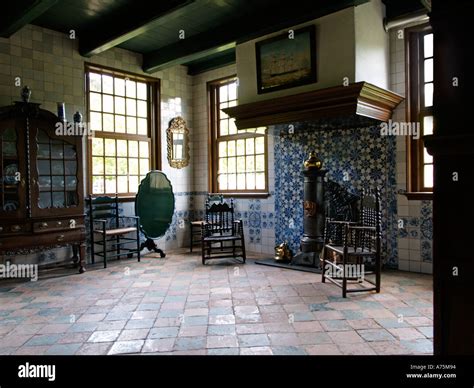 Historic interior of a Dutch farmhouse decorated with period furniture ...