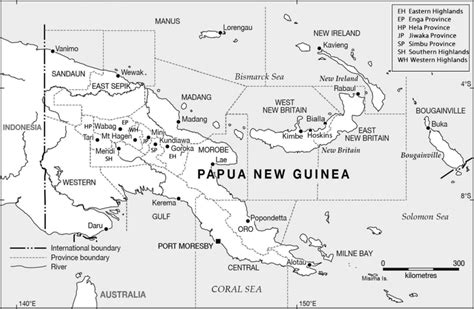 Map of PNG showing the Hoskins and Bialla study sites on the island of ...