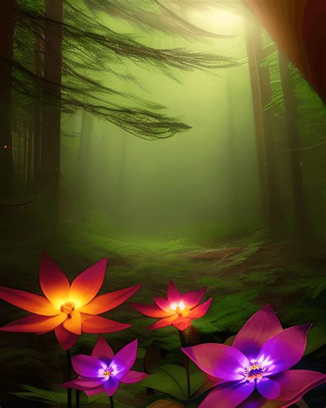 In a Mystical Forest a Glowing Flower Blooms · Creative Fabrica