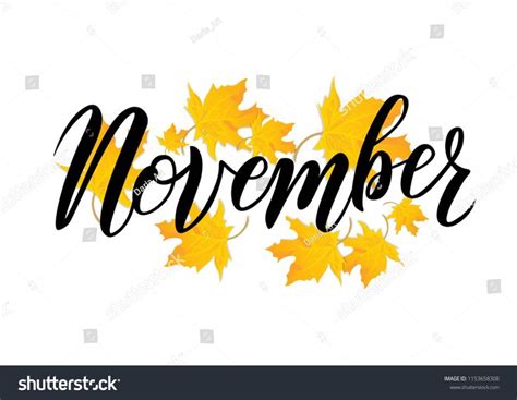 November word. Hand lettering typography with autumn leaves. Vector ...