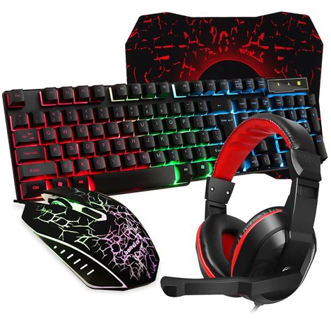 Gaming Keyboard and Mouse Combo with Headset, RGB Rainbow Backlit 104 ...