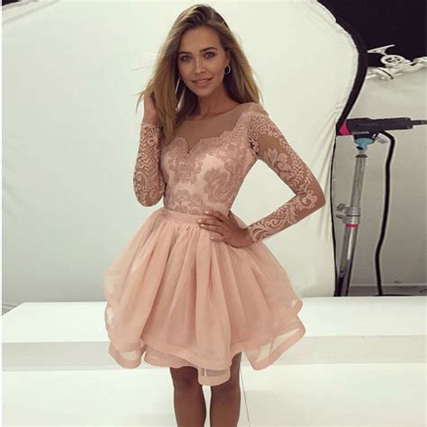 Formal Dress | Light pink lace long sleeve prom dress, short evening ...