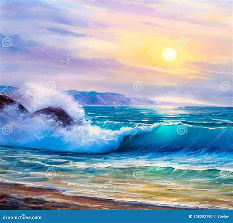 Sunrise Over Sea. Painting Seascape. Stock Photo - Image of ecological, travel: 108303190