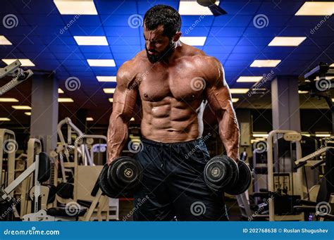Strong Young Caucasian Bearded Athlete with Dumbbells Workout Heavy in Sport Fitness Gym Stock ...