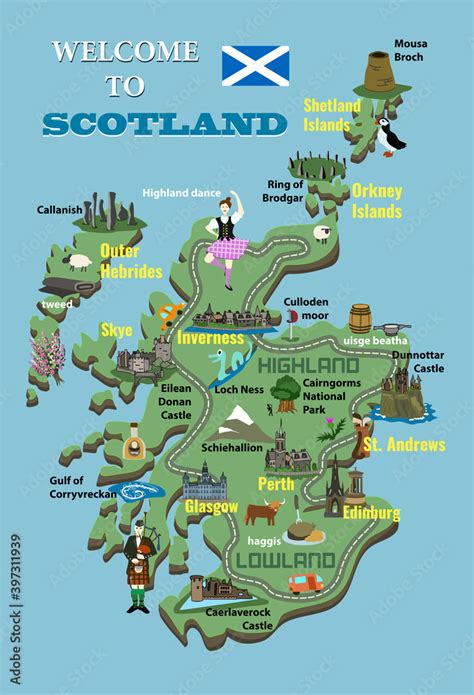 Cartoon map of Scotland. Icons with Scottish landmarks, famous cultural ...