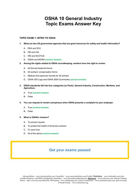 OSHA 10 General Industry Test Answer Key