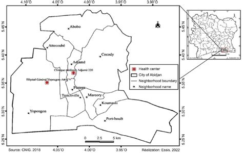 Map of the city of Abidjan locating the study's health centers ...