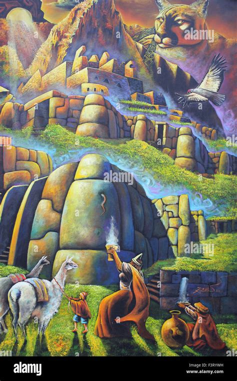 Contemporary Incan Art Showing City, Llamas, Condor etc Stock Photo - Alamy