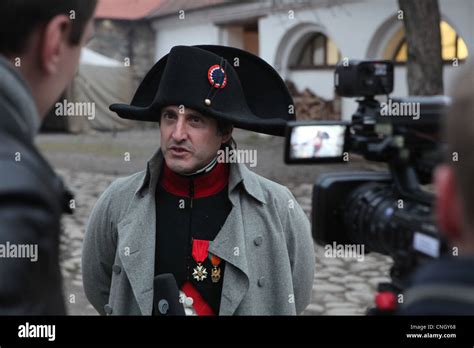 US actor Mark Schneider as Napoleon Bonaparte gives a TV interview. Re-enactment of the Battle ...