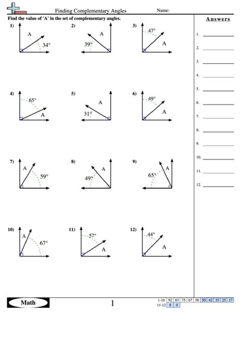 Finding Complementary Angles - Geometry Worksheet With Answers ...